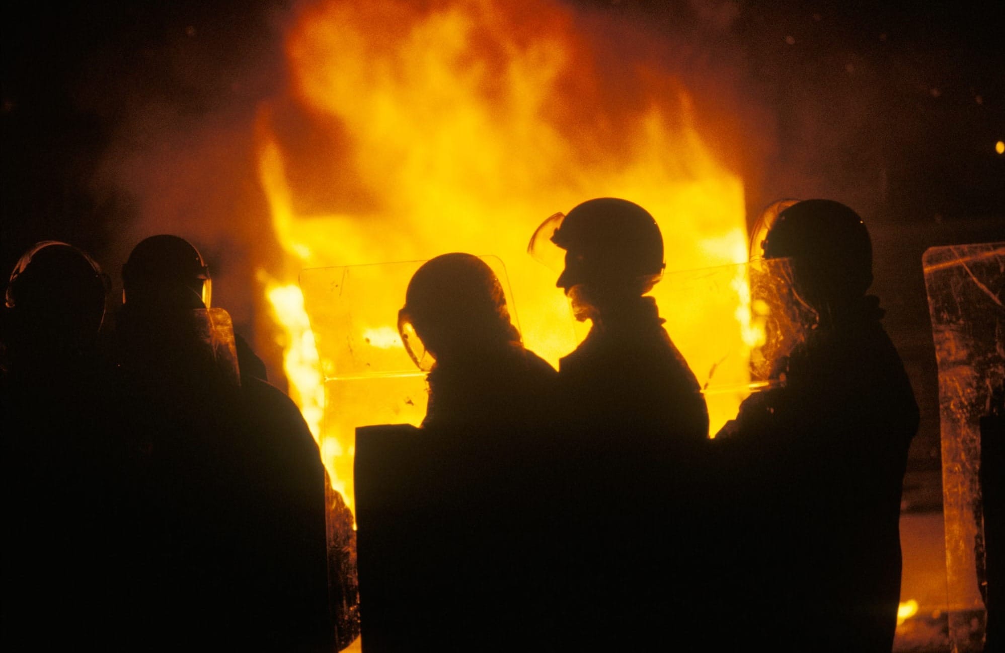 Police officers during the Toxteth uprising (Homer Sykes)