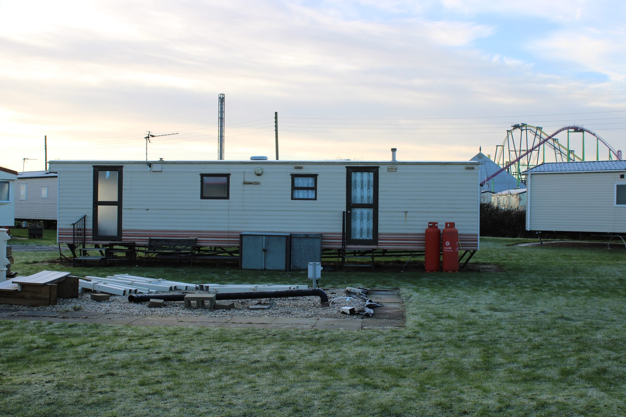 A caravan in Ingoldmells, with Fantasy Island in the background (Dispatch)