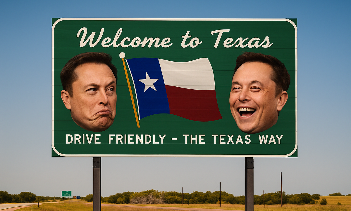 Photo of Elon Musk on a "Welcome to Texas" sign