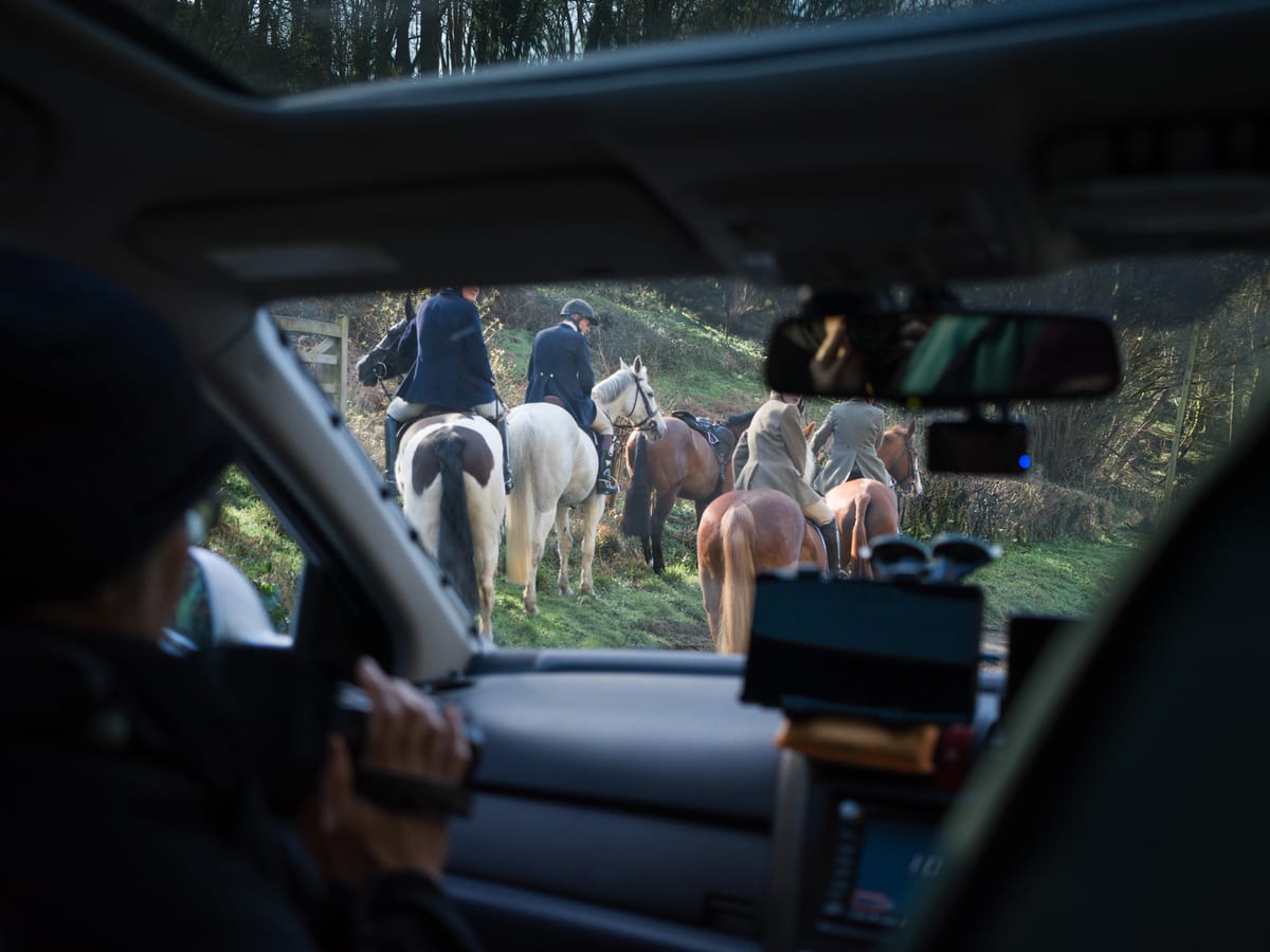 Hunt saboteurs follow riders of the Beaufort Hunt (Alexander Rogers)